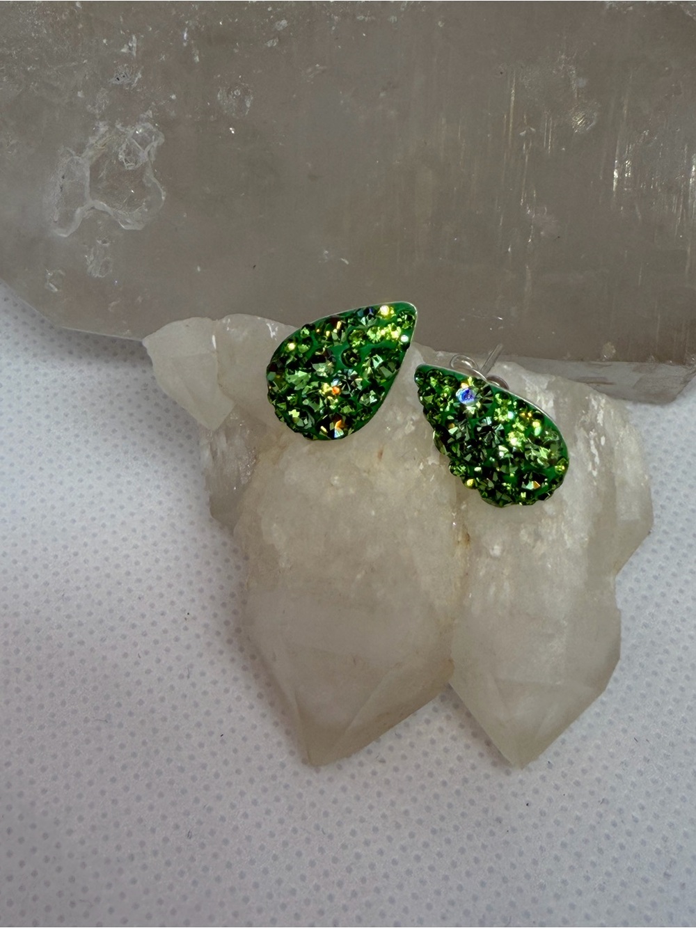 Green Teardrop Crystal Stud Earrings - Taxco .925 Sterling silver